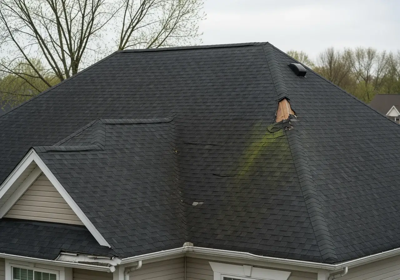 JDH Remodeling HAAG Master Certified roofer inspecting an autumn-covered Port Republic Maryland roof with clipboard documenting wear and pre-listing scope of work