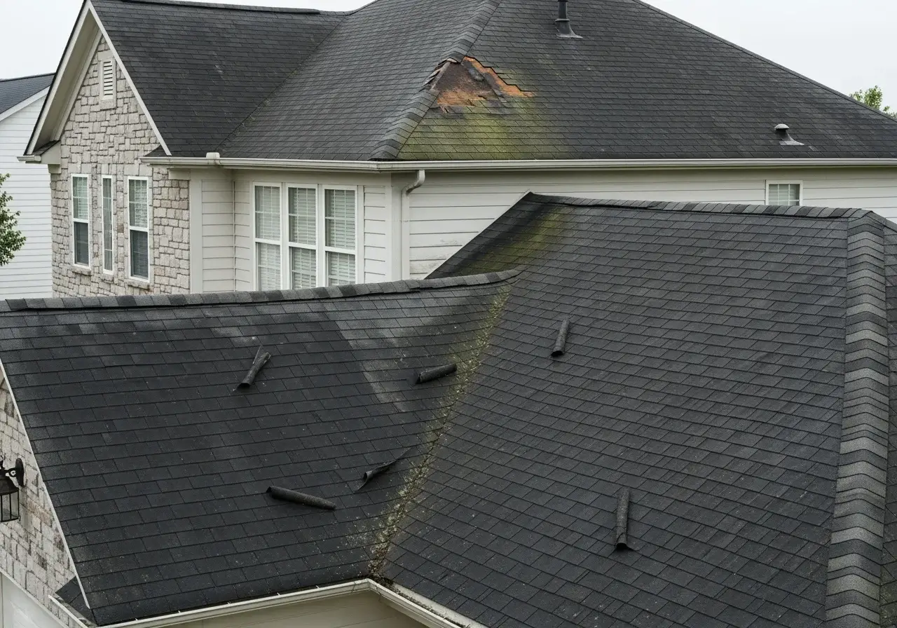 Aging asphalt shingle roof on a Spotsylvania County, VA home before JDH Remodeling replacement, showing curling shingle edges, algae streaking on a north-facing slope, and a missing ridge cap section documented by HAAG inspection