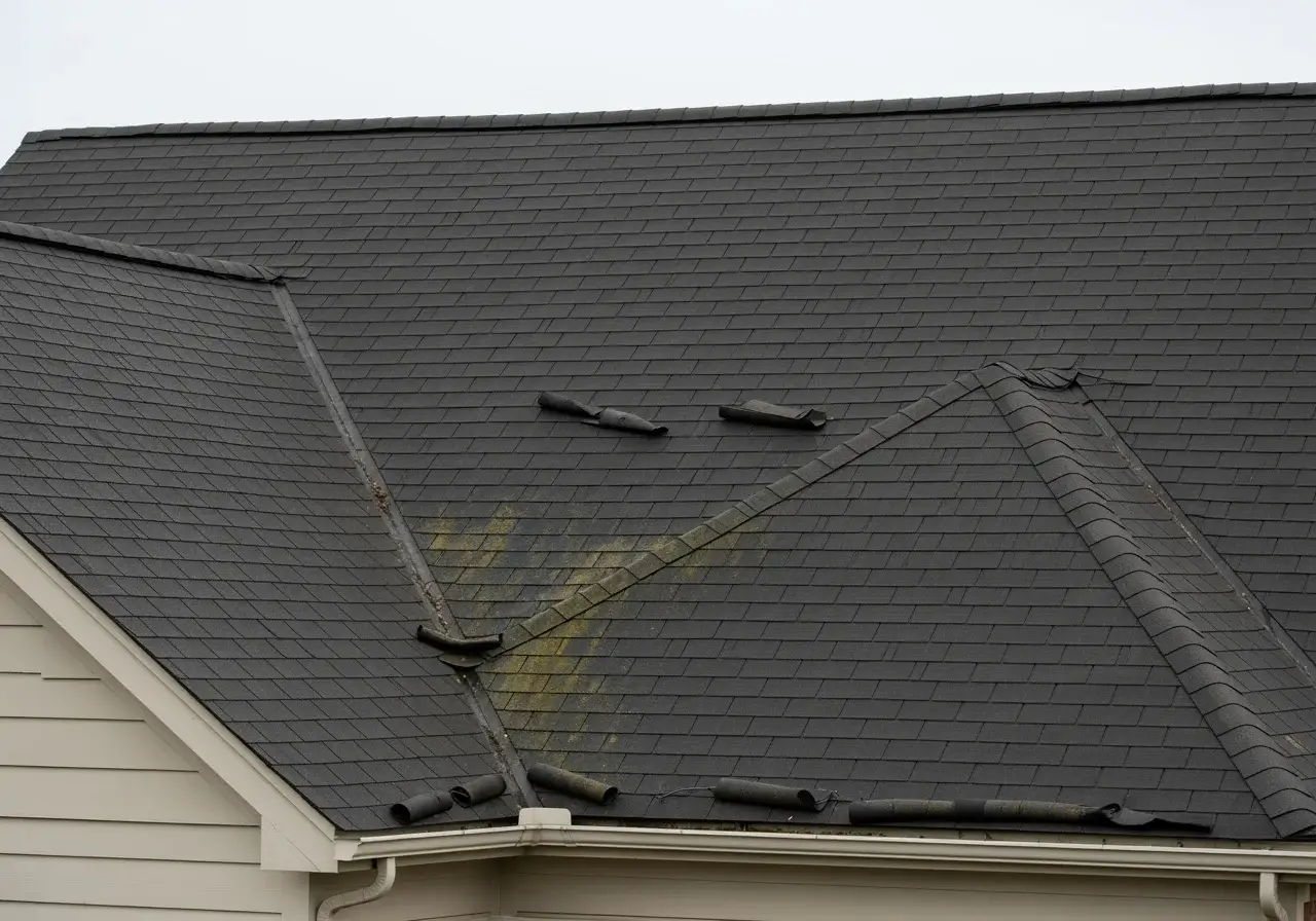 Aging asphalt shingle roof on a Stafford County, VA home before JDH Remodeling replacement, showing curling shingle edges, algae streaking on a north-facing slope, and a missing ridge cap section documented by HAAG inspection