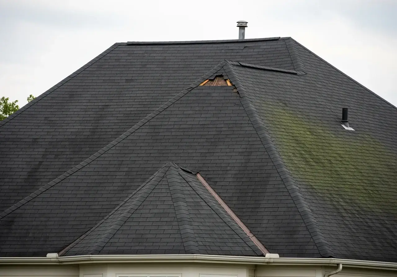 JDH Remodeling Clinton Maryland 1980s Woodyard Road split-level roof before replacement showing wear granule loss and the stacked asphalt-shingle generations typical of a 40-year-old PG County housing pool