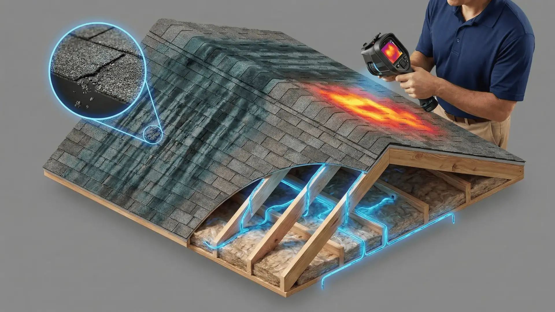 JDH Remodeling thermal-imaging insurance-claim inspection on a Charles County Maryland roof documenting leak diagnostics ahead of full HAAG Master post-storm spec replacement
