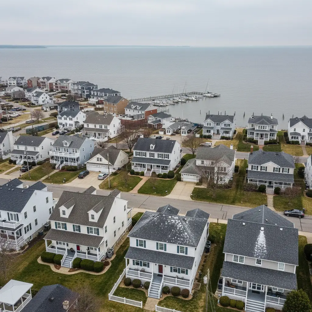 Aerial view of Chesapeake Beach Maryland showing homes near the Chesapeake Bay waterfront with roofs exposed to salt air and coastal weather