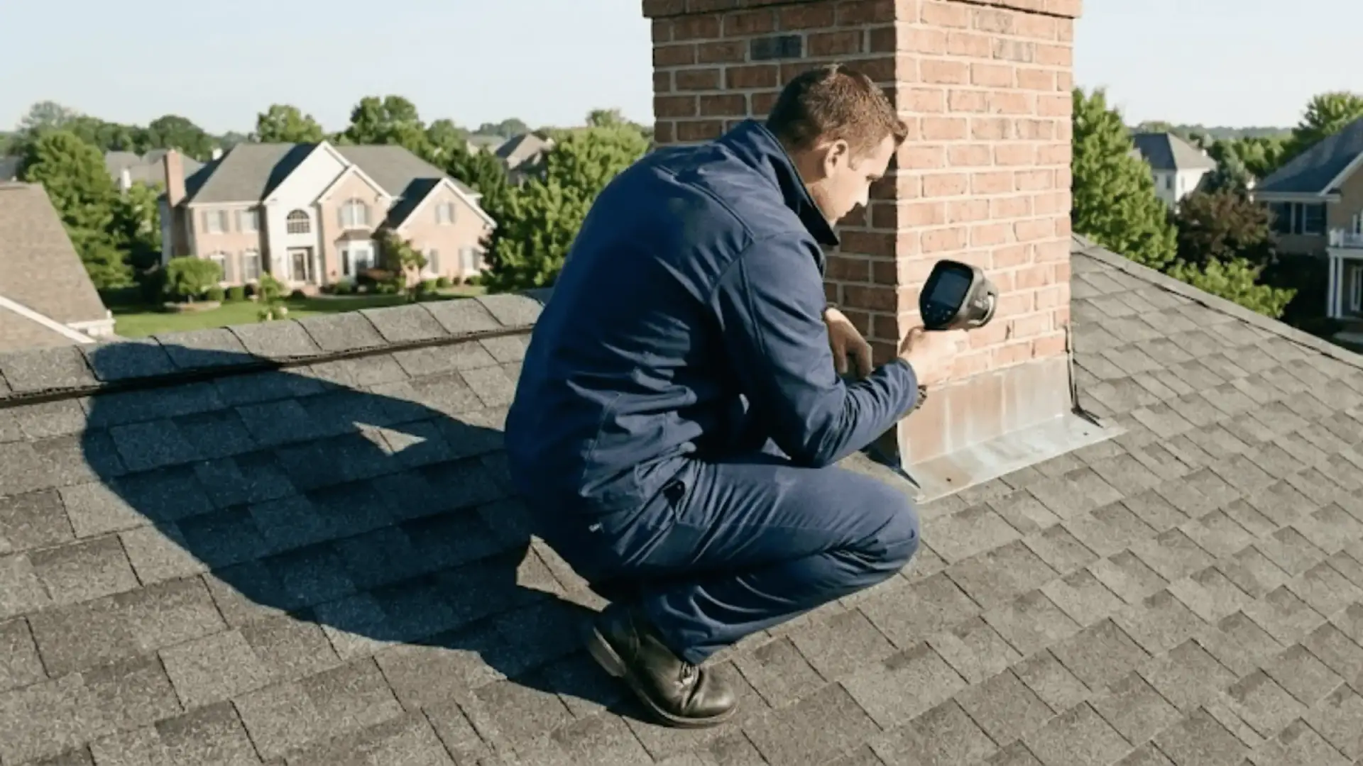 JDH Remodeling HAAG Master Certified inspector examining brick chimney flashing on a Lexington Park Maryland residential roof with a thermal imaging camera during the May 22 2025 storm response