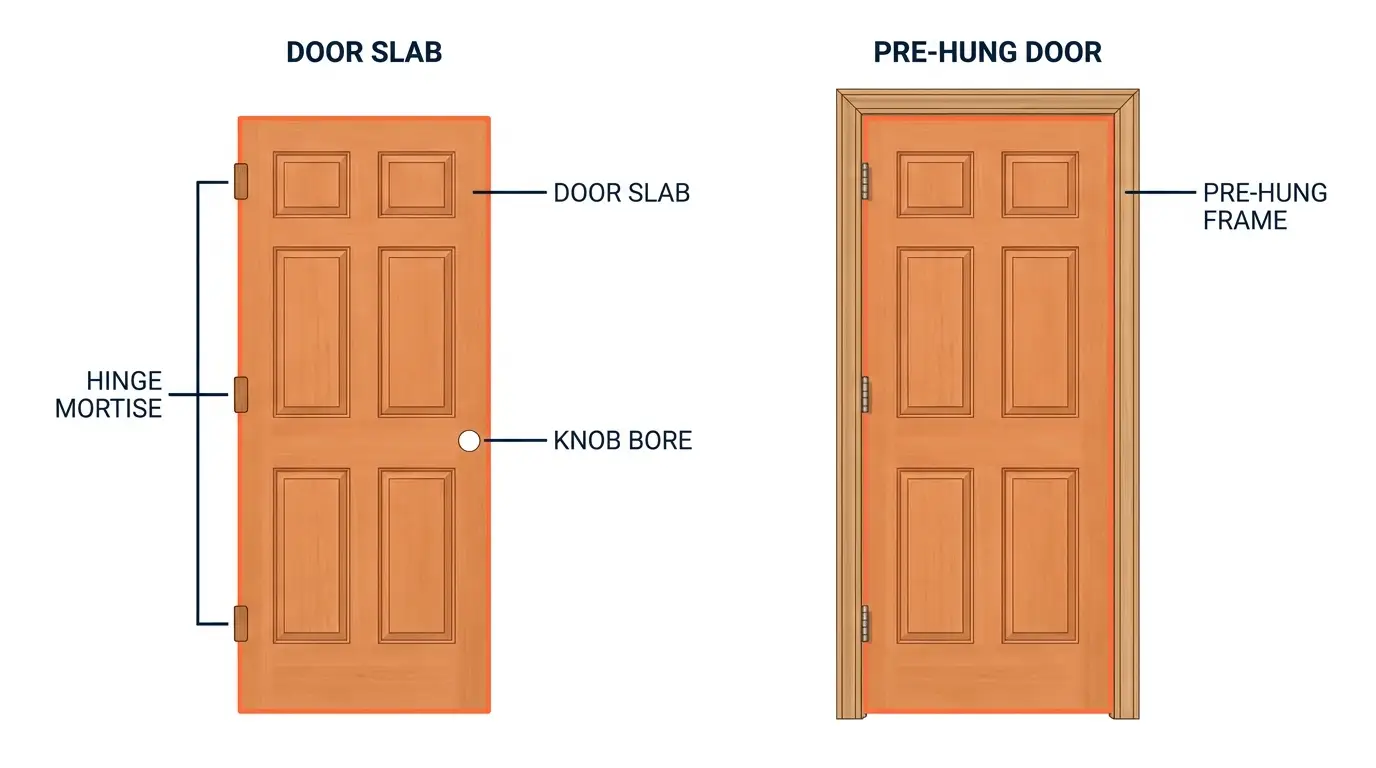 Comparison diagram for a Maryland home showing a bare door slab next to a complete pre-hung door, with the slab, hinge mortise, knob bore, and pre-hung frame labeled