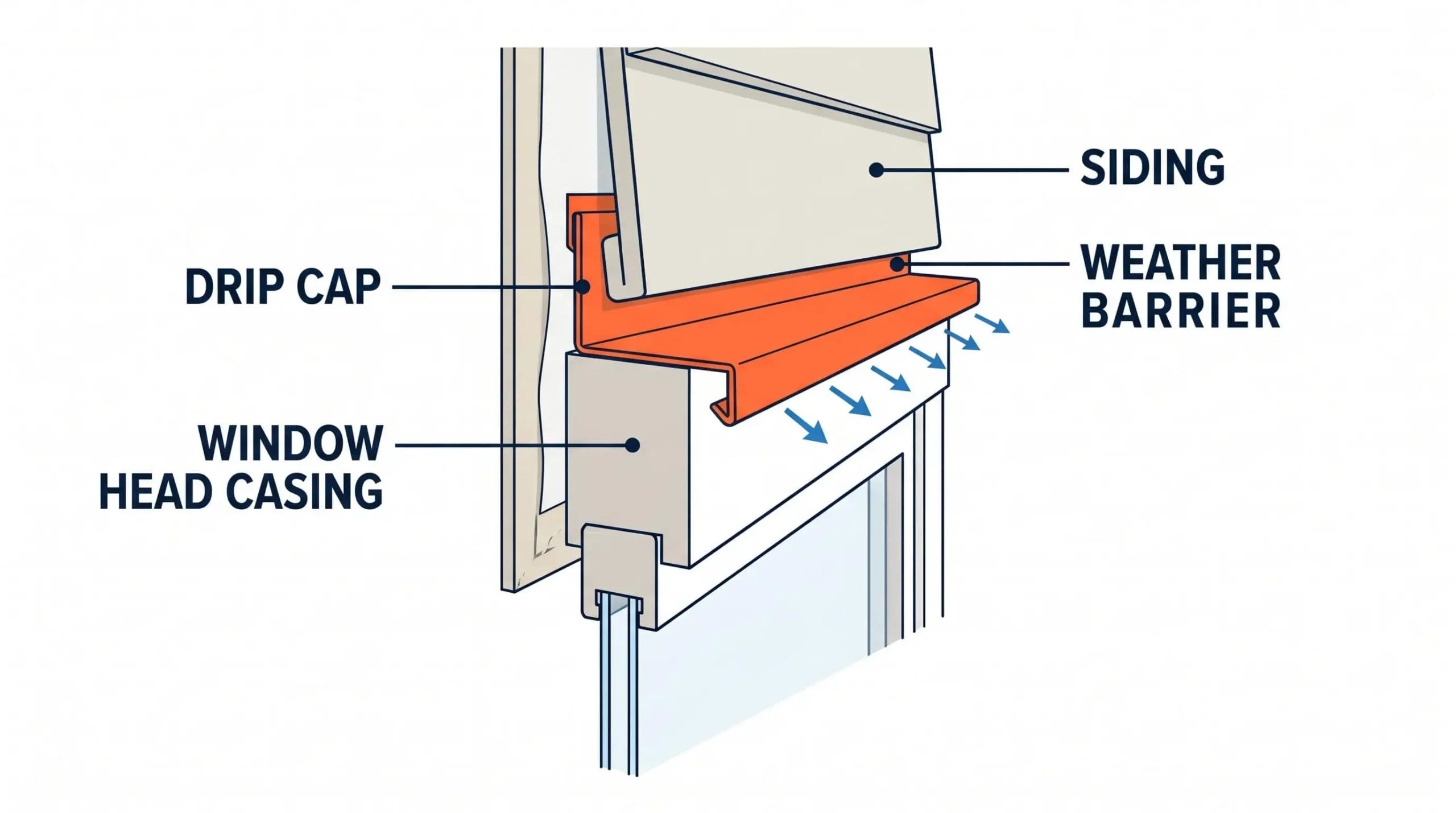 Detail diagram of the top of a window on a Maryland home, labeled illustration showing the drip cap head flashing directing water away from the window
