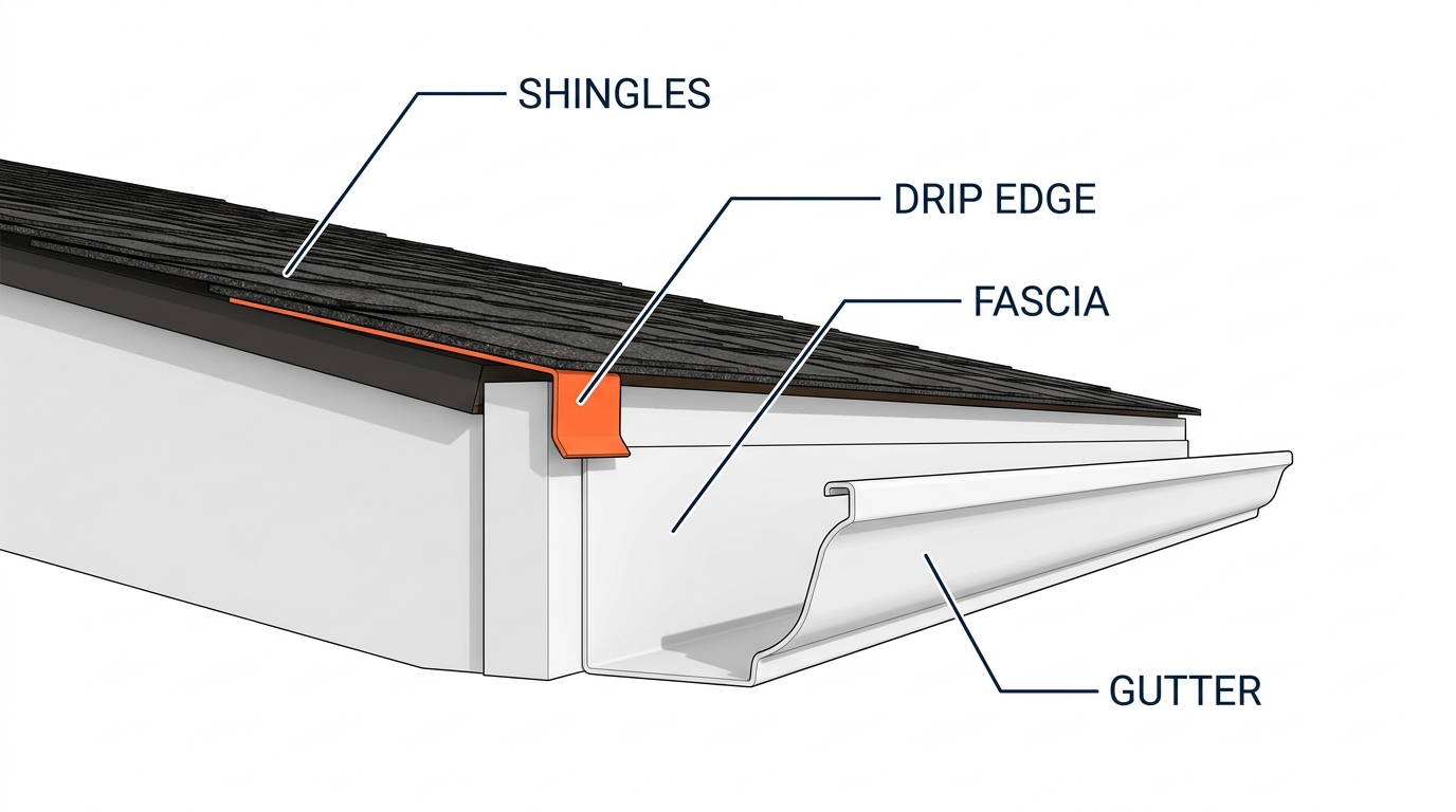 Anatomy of a residential roof eave on a Maryland home, labeled diagram with the drip edge flashing highlighted at the roof edge