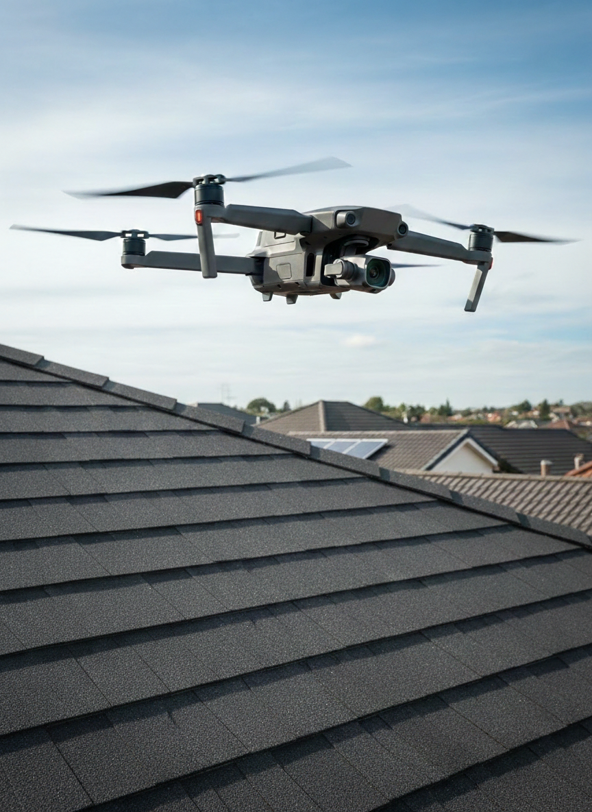 Aerial view of storm-damaged roof in Prince Frederick, MD showing lifted shingles and debris impact from a recent nor'easter