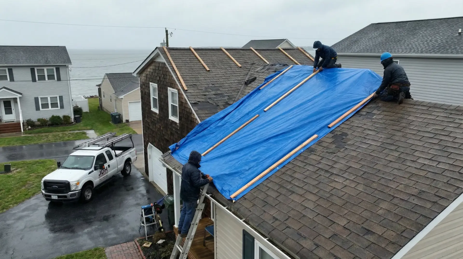JDH Remodeling roofing crew installing blue protective tarp covering on a Chesapeake Beach Maryland residential home during active storm response
