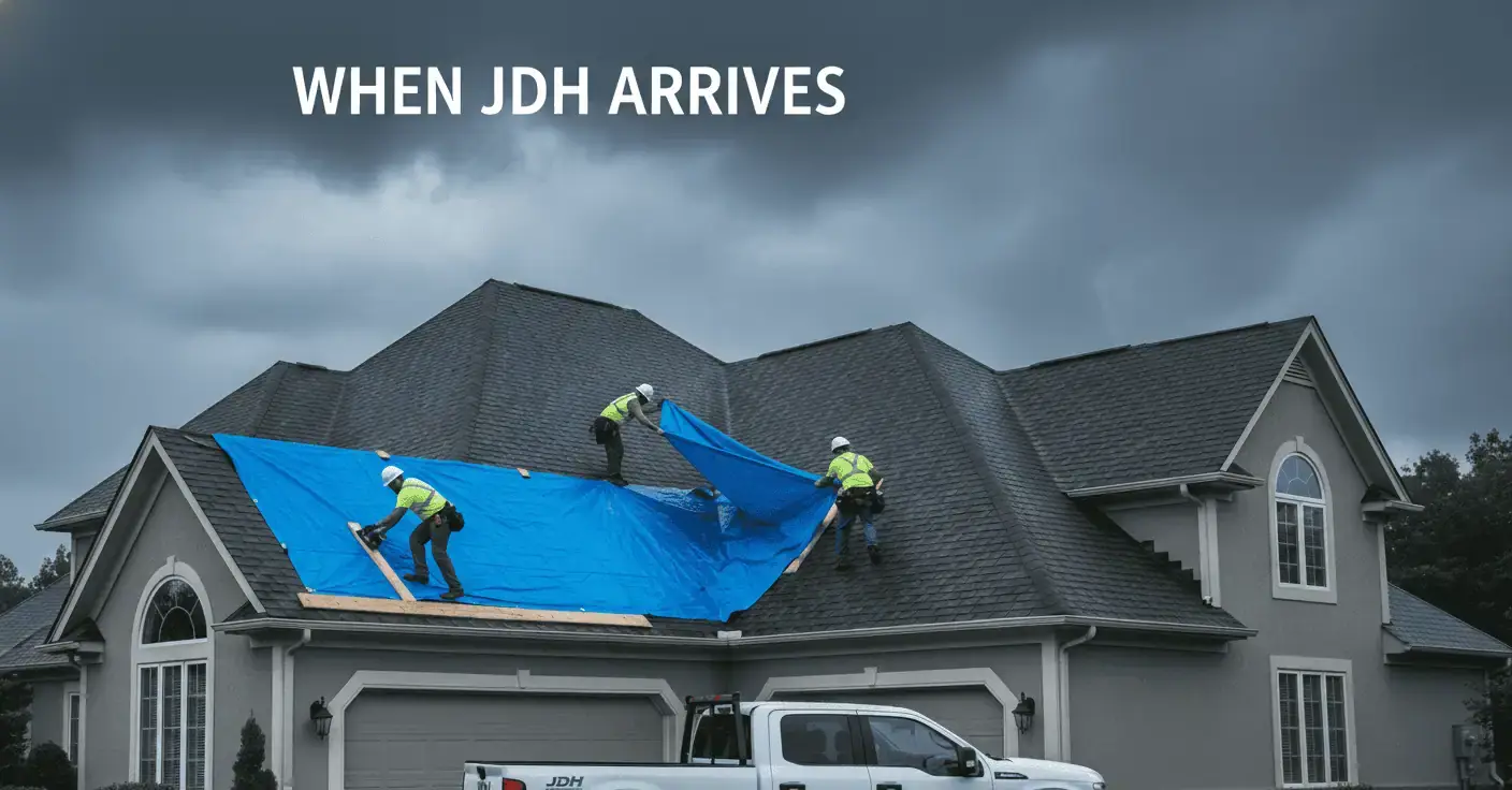 JDH roofing crew installing emergency blue tarp on residential home