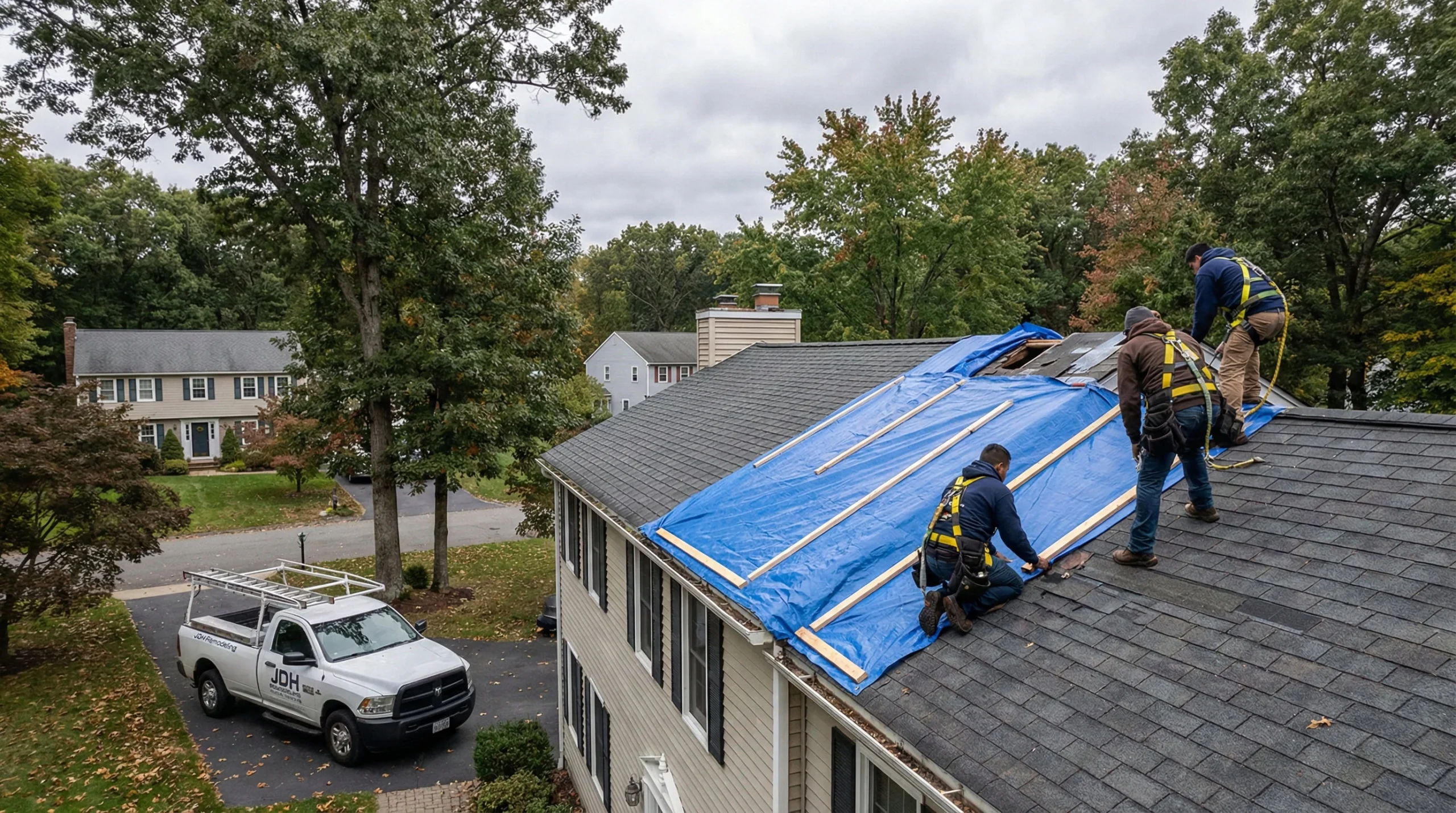 JDH Remodeling roofing crew installing blue protective tarp covering on a Dunkirk Maryland residential home during active storm response