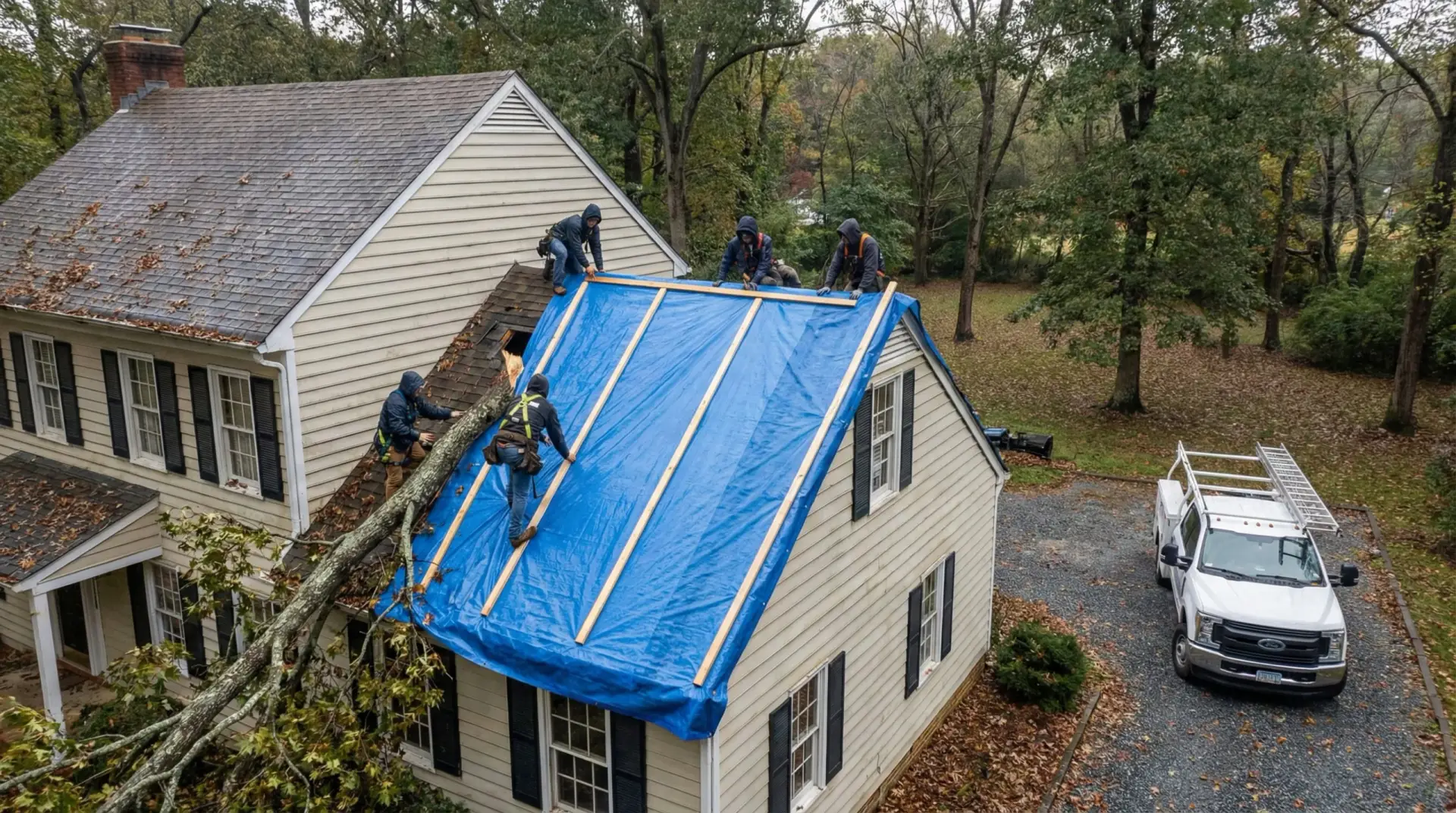 JDH Remodeling roofing crew installing blue protective tarp covering on an Anne Arundel County area Maryland residential home during active storm response representing Crofton emergency service
