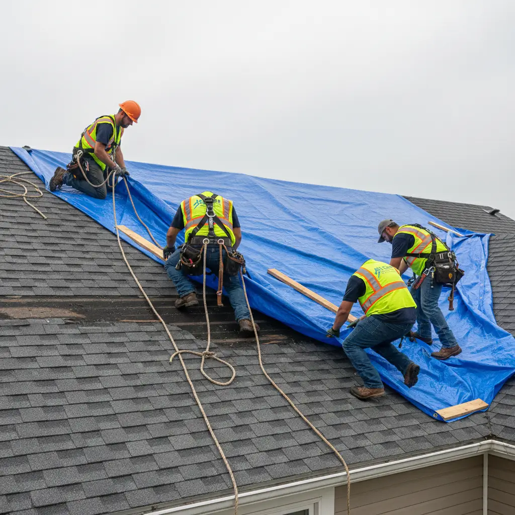 JDH Remodeling crew installing emergency tarp on a storm-damaged roof in Calvert County