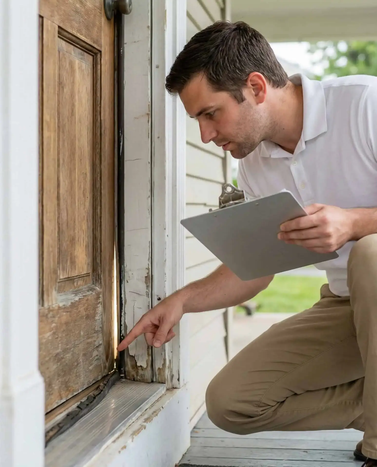 JDH Remodeling inspector identifying failed weather seal and moisture rot on an old exterior door frame
