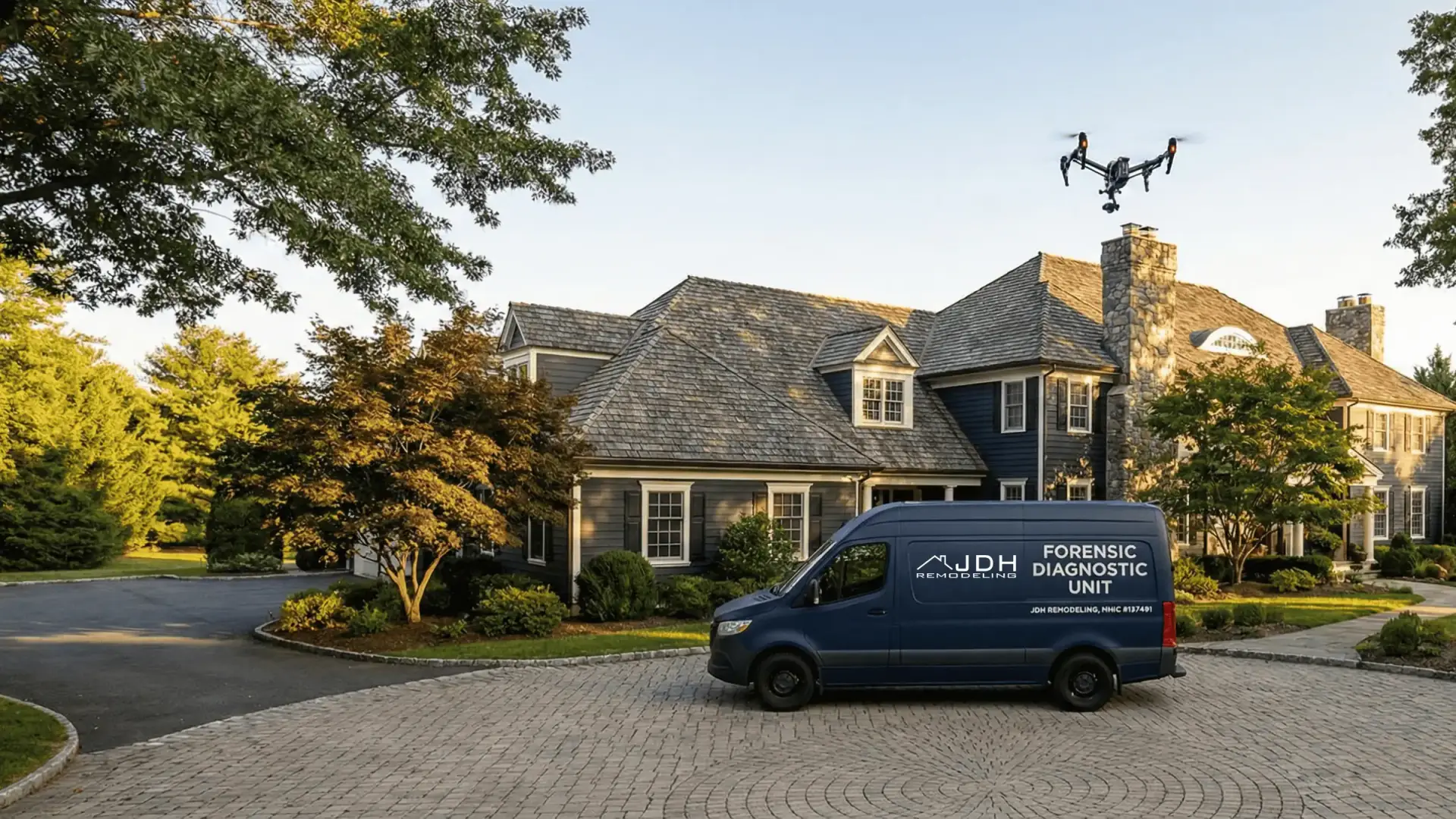 JDH Remodeling modern blue and black Dunkirk Maryland home with new siding, replacement windows, stone accents, front porch and white columns