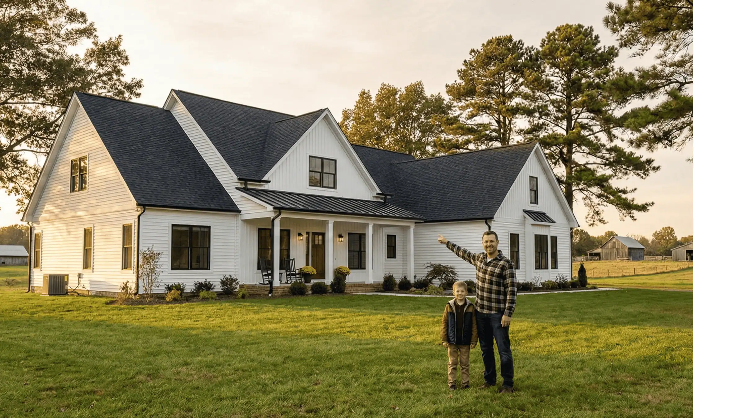 JDH Remodeling modern white farmhouse Hughesville Maryland home with dark metal roof, board-and-batten siding profile, and a rural-setting horse-country aesthetic
