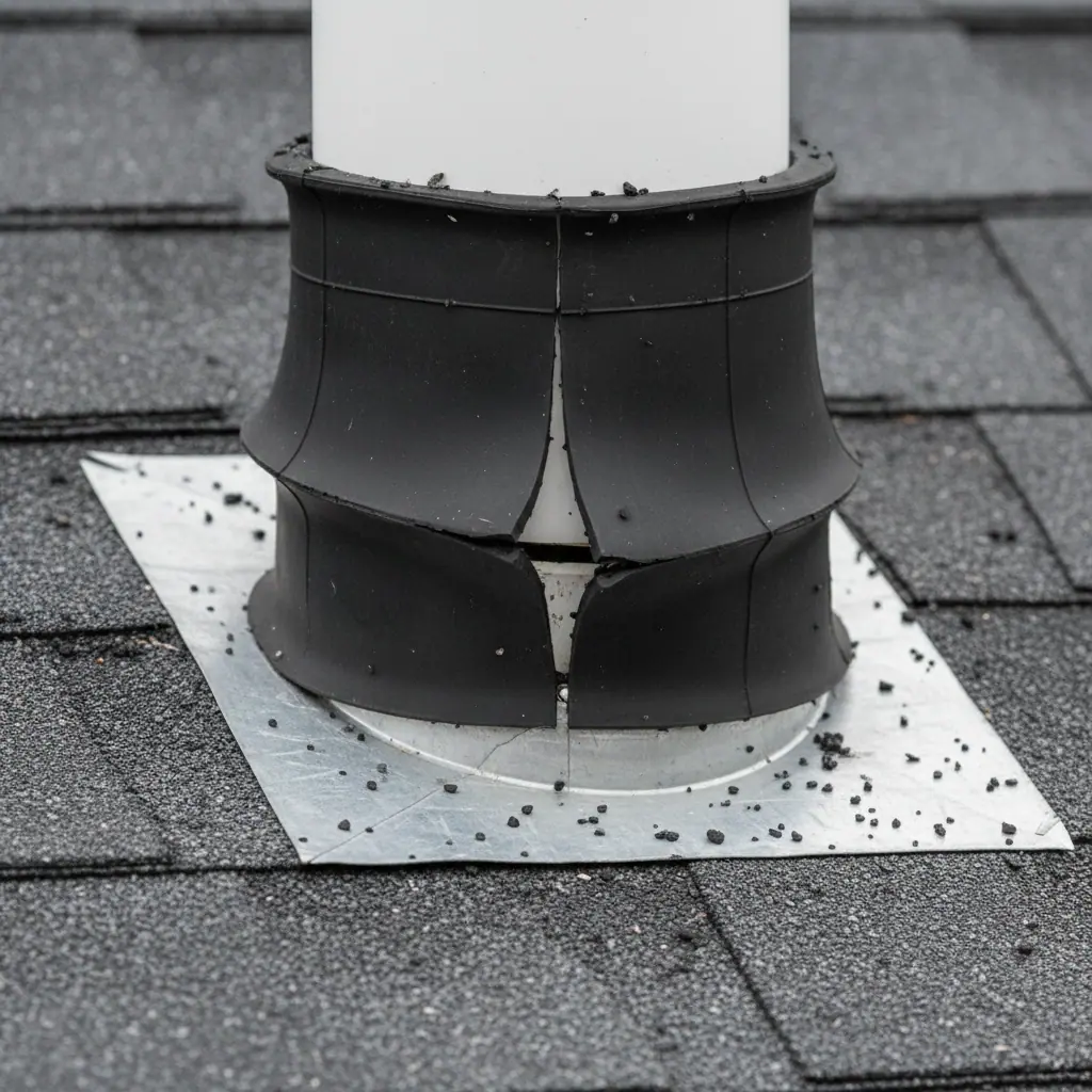 Cracked and deteriorated neoprene pipe boot on a Prince Frederick residential roof showing the rubber seal failure that causes roof leaks