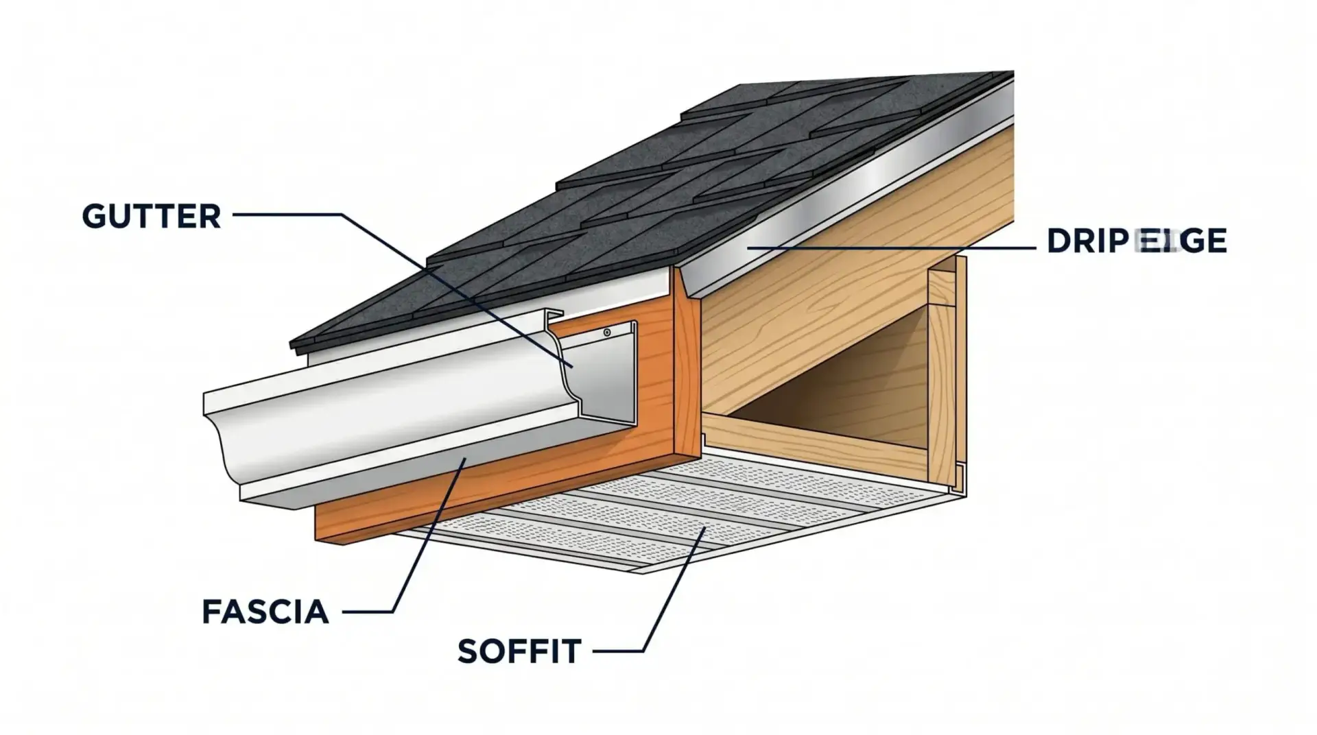 Anatomy of a residential roof eave on a Maryland home, labeled diagram showing fascia, gutter, soffit, and drip edge components