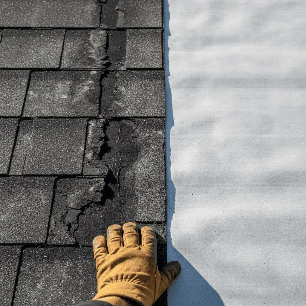 Deteriorated felt paper underlayment next to intact synthetic underlayment during a roof tear-off