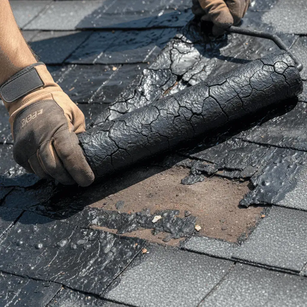 Failed Flex Seal coating on roof shingles showing UV degradation, cracking, and peeling after one year