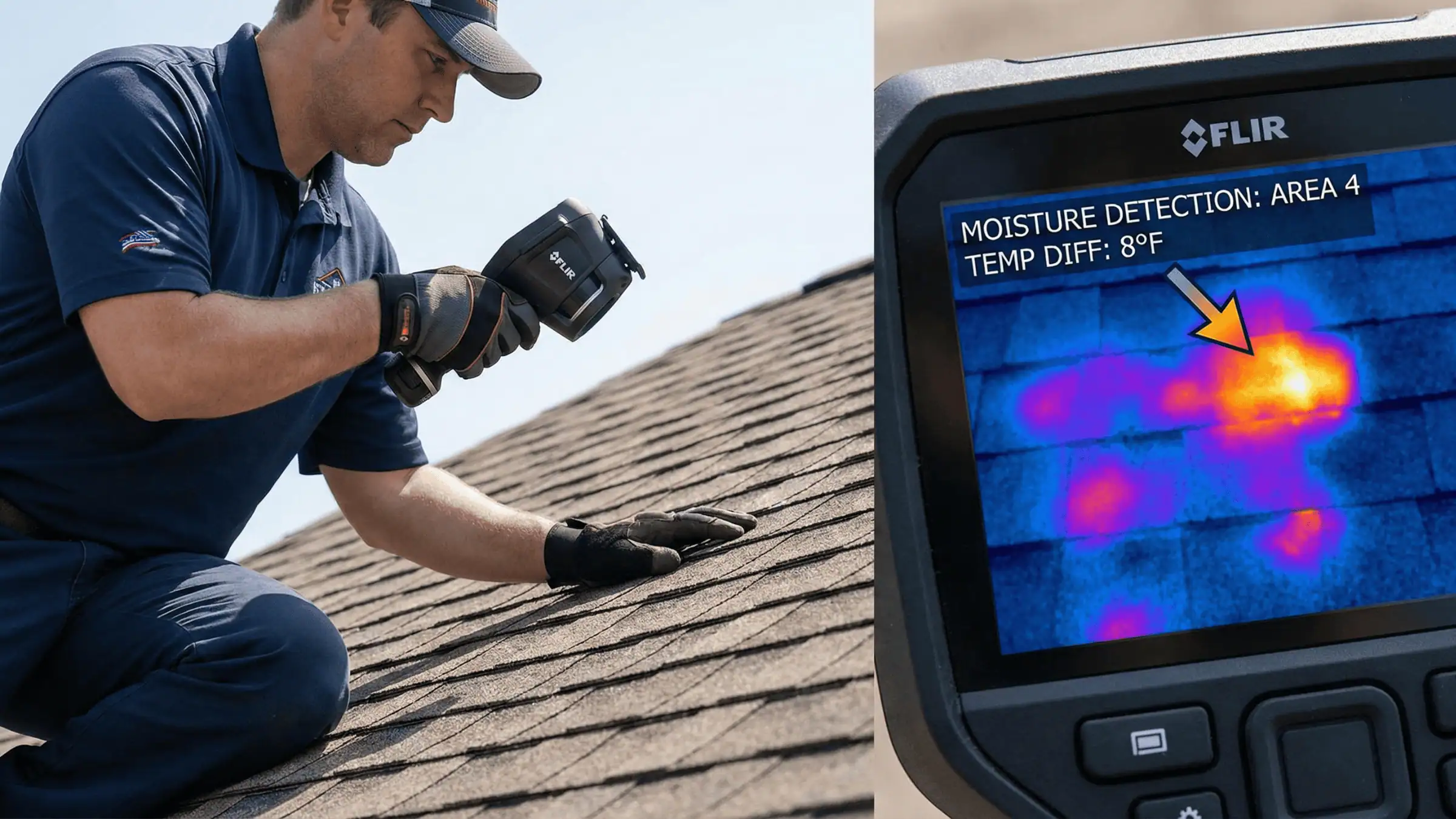 JDH inspector using FLIR thermal imaging camera to detect moisture damage and temperature variation on a residential shingle roof