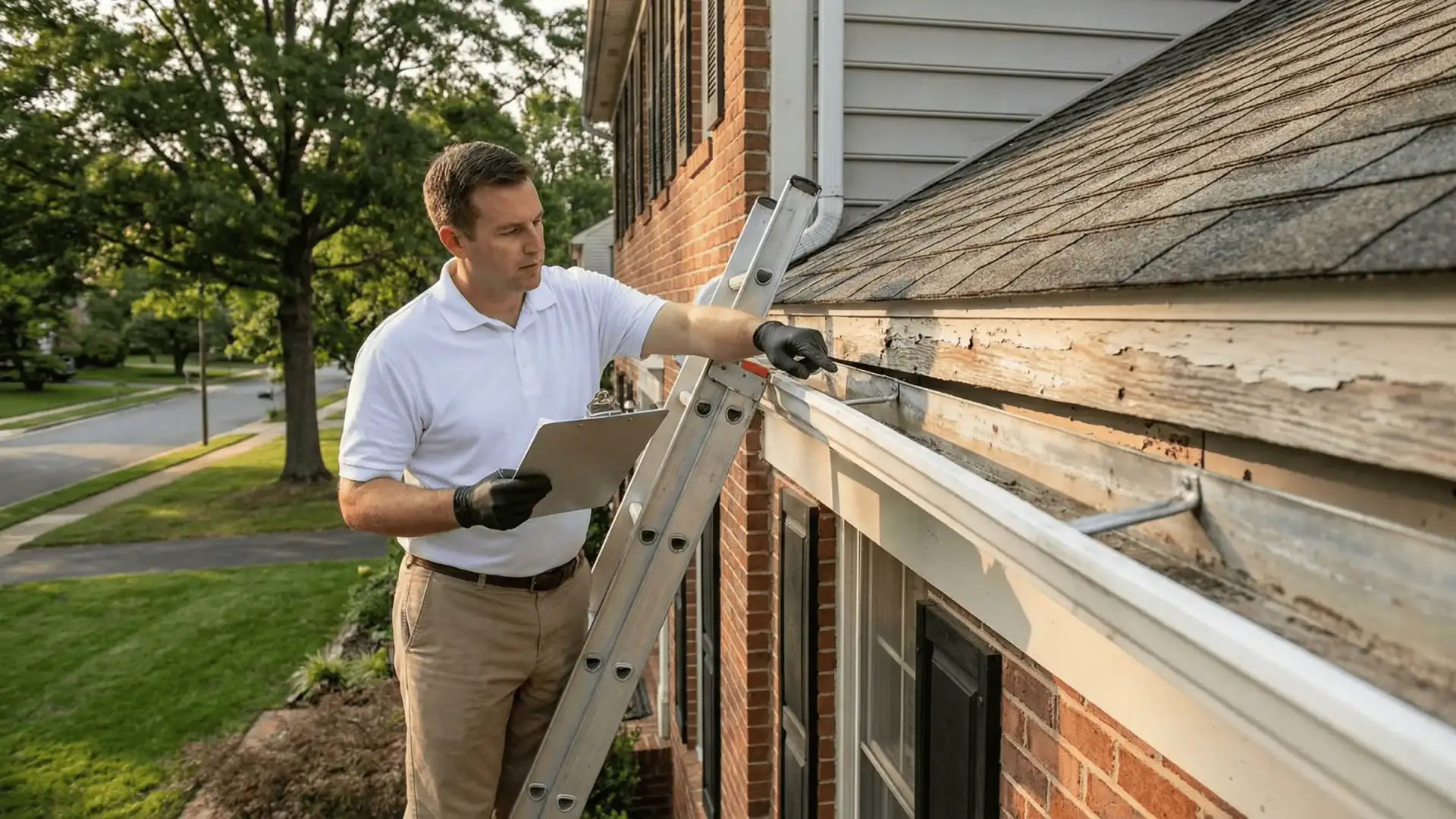 JDH Remodeling inspector documenting damaged gutters and fascia on a Maryland brick home for an insurance claim, with a new gutter system and Leaf Relief upgrade plan