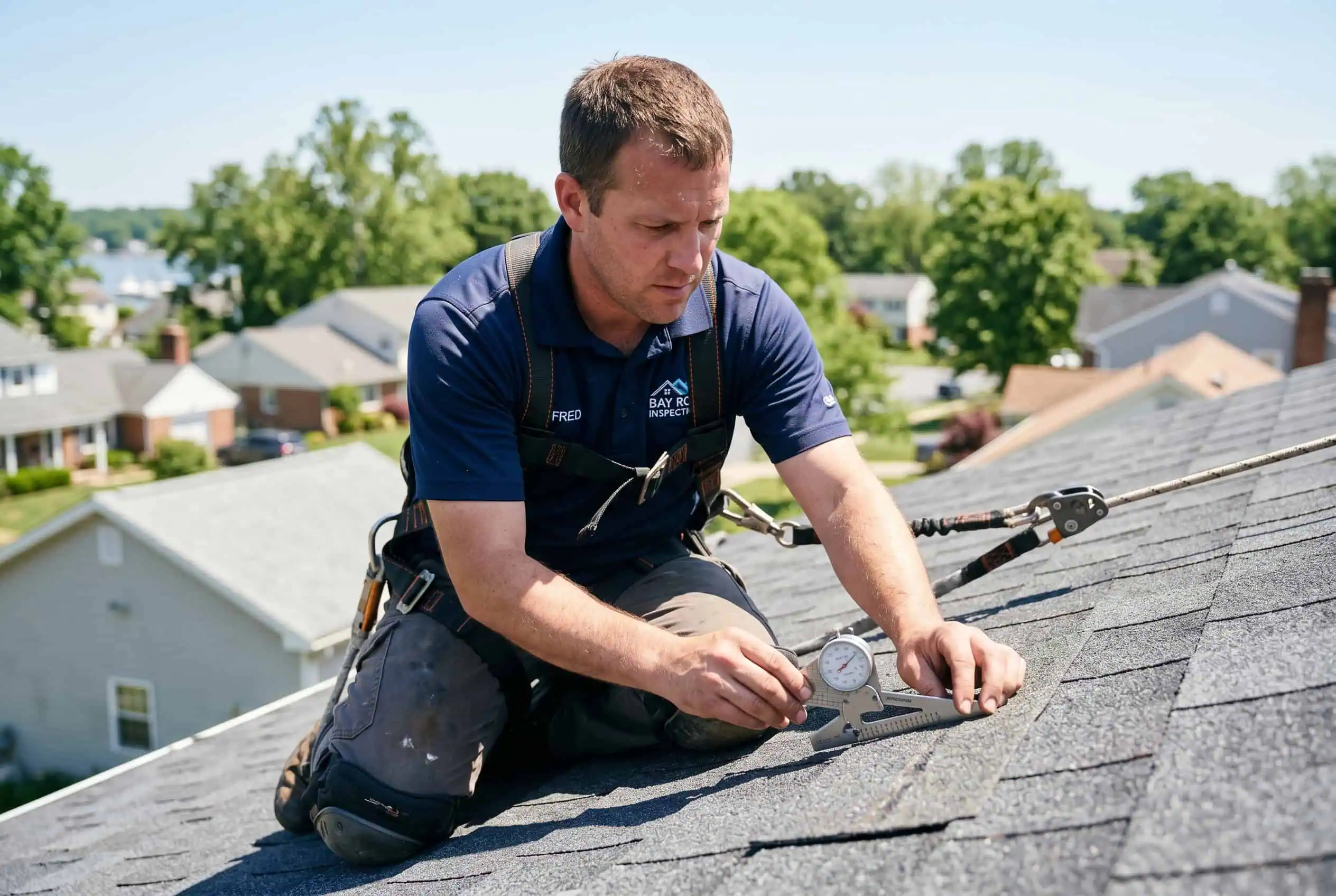 Jim Dodson, HAAG Master Certified Inspector #992109047, documenting roof condition on a Maryland home