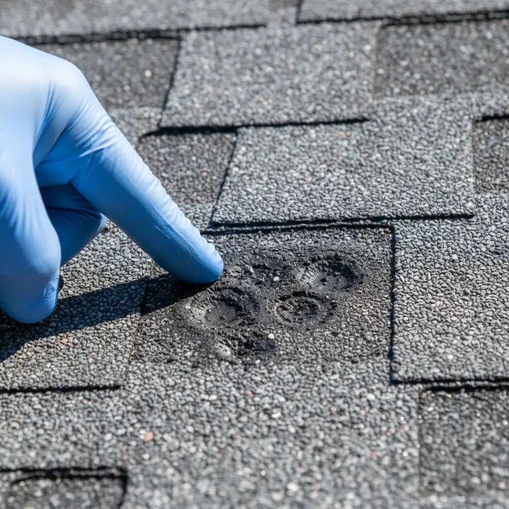 Close-up of hail damage on asphalt shingle showing granule displacement and bruised mat