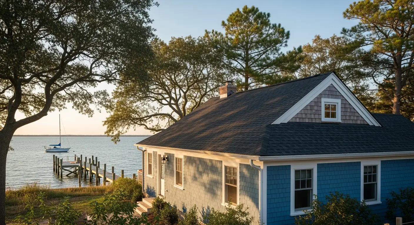 JDH Remodeling aerial view of a completed asphalt shingle roof installation on a modern two-story Deale Maryland home with white trim
