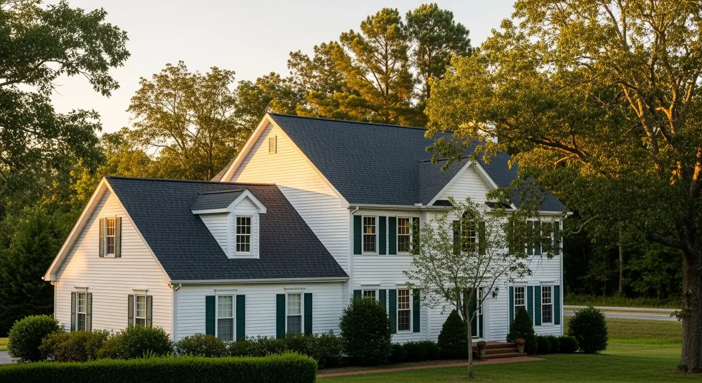 JDH Remodeling aerial view of a completed asphalt shingle roof installation on a modern two-story Owings Maryland home with white trim