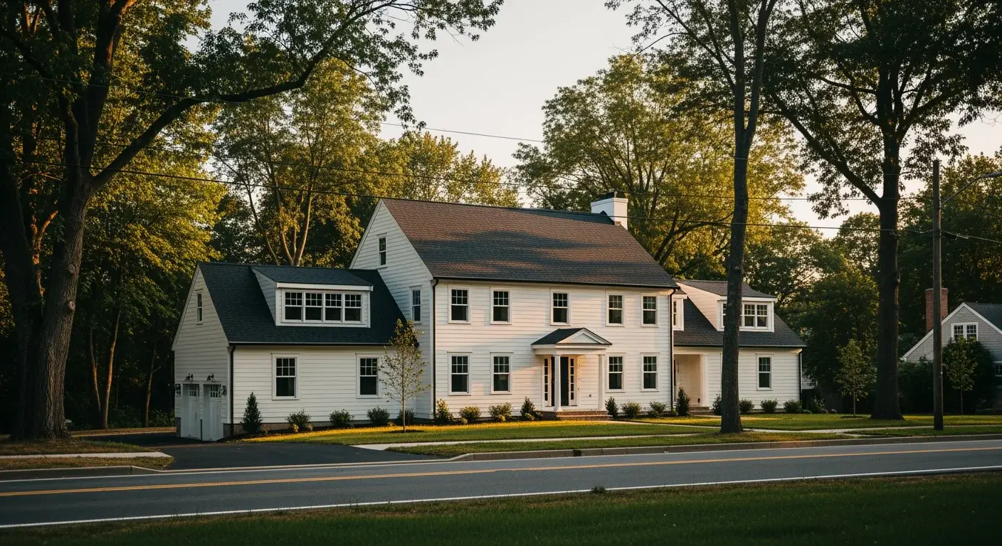 JDH Remodeling aerial view of a completed asphalt shingle roof installation on a modern two-story Port Republic Maryland home with white trim