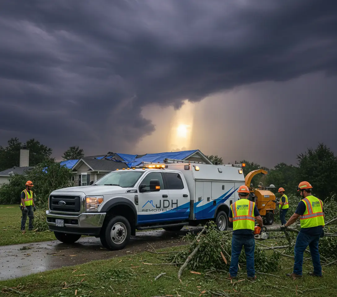 Storm damage roof repair in Prince Frederick, MD — JDH Remodeling forensic inspection crew on a wind-damaged residential roof