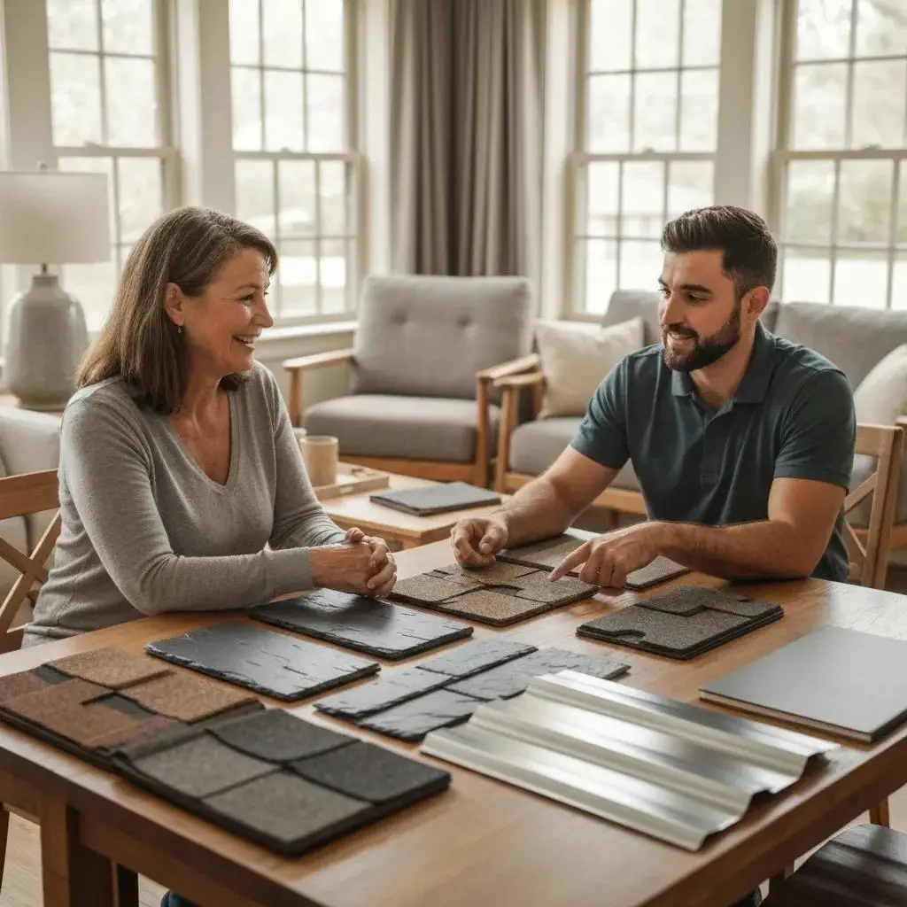 Homeowner discussing roofing options with a contractor at a table with material samples