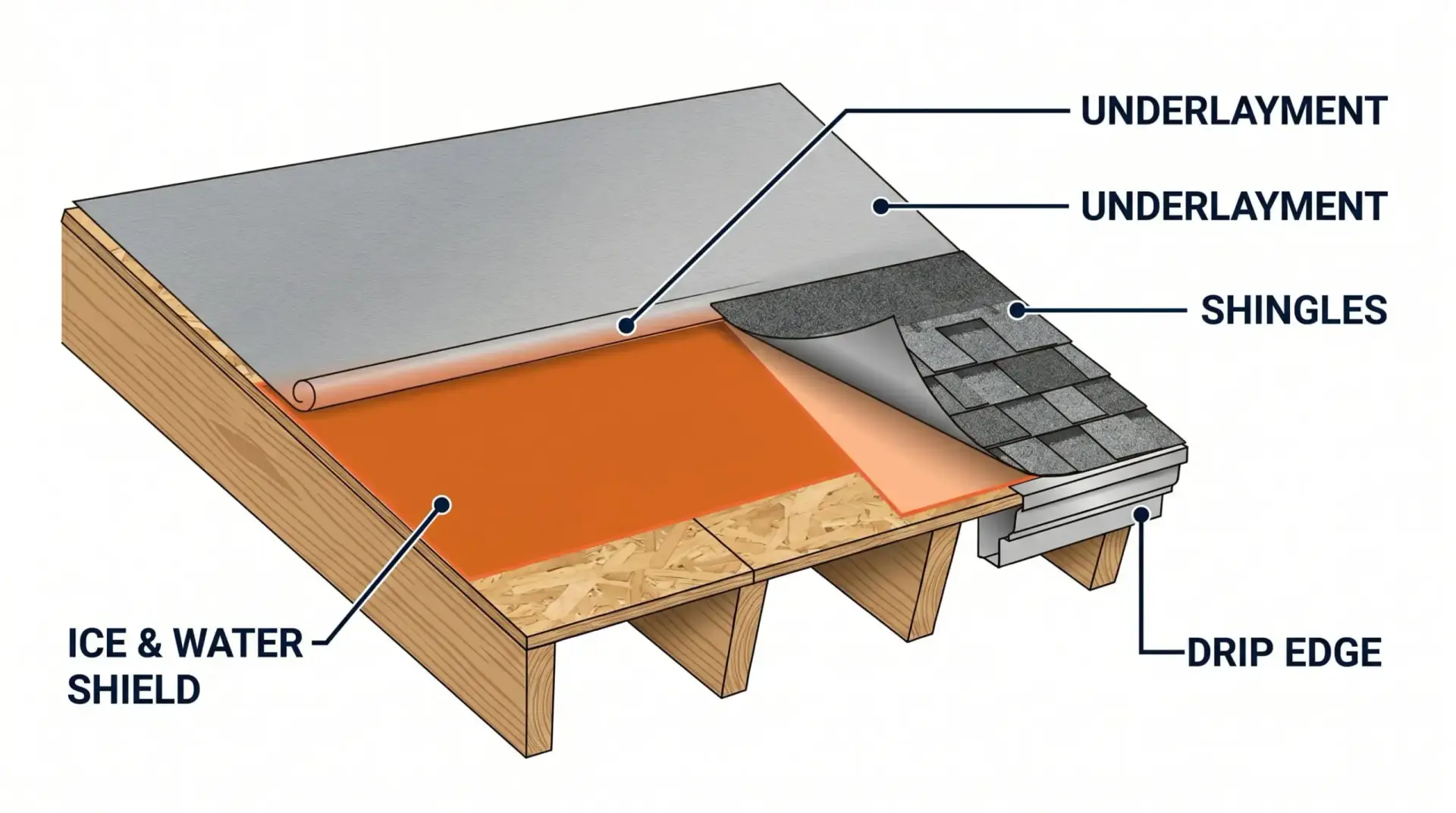 Cutaway diagram of a residential roof eave on a Maryland home, labeled illustration showing the ice and water shield self-adhered membrane covering the lower 3 feet of the deck under shingles, underlayment, and drip edge