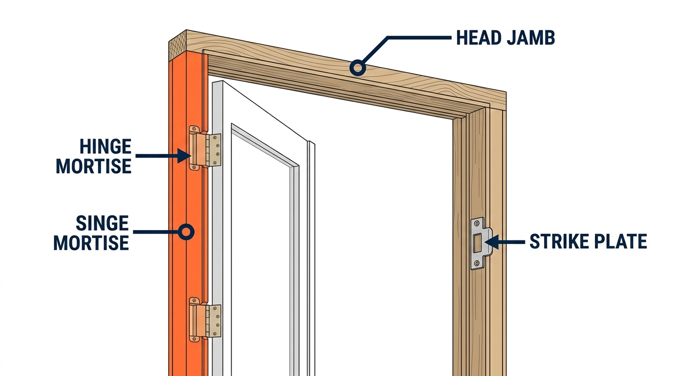 Detail diagram of an exterior door opening on a Maryland home, labeled illustration showing the side jambs, head jamb, hinge mortise, and strike plate