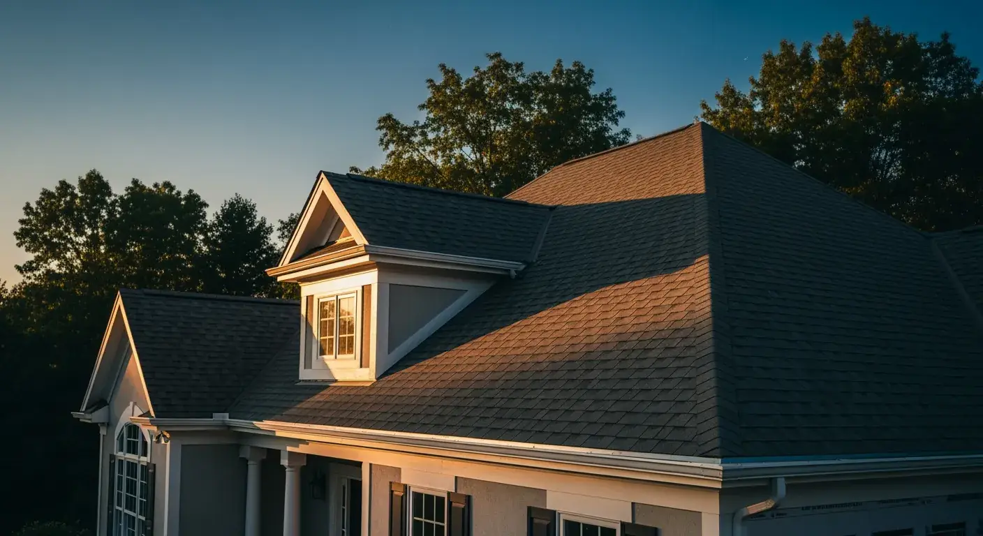 Finished JDH asphalt shingle roof replacement on a 2-story Maryland colonial at golden hour