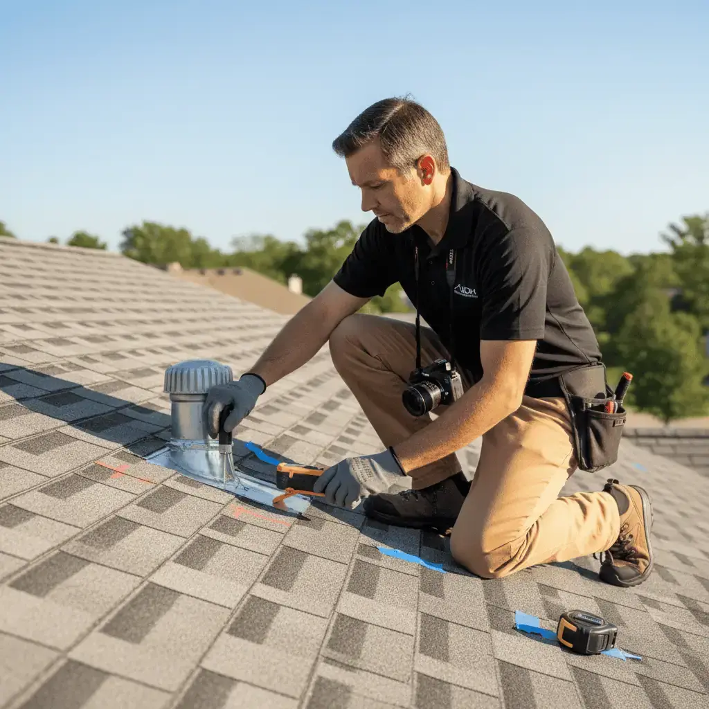 JDH HAAG-certified inspector performing a forensic roof evaluation with measurement tools and documentation camera