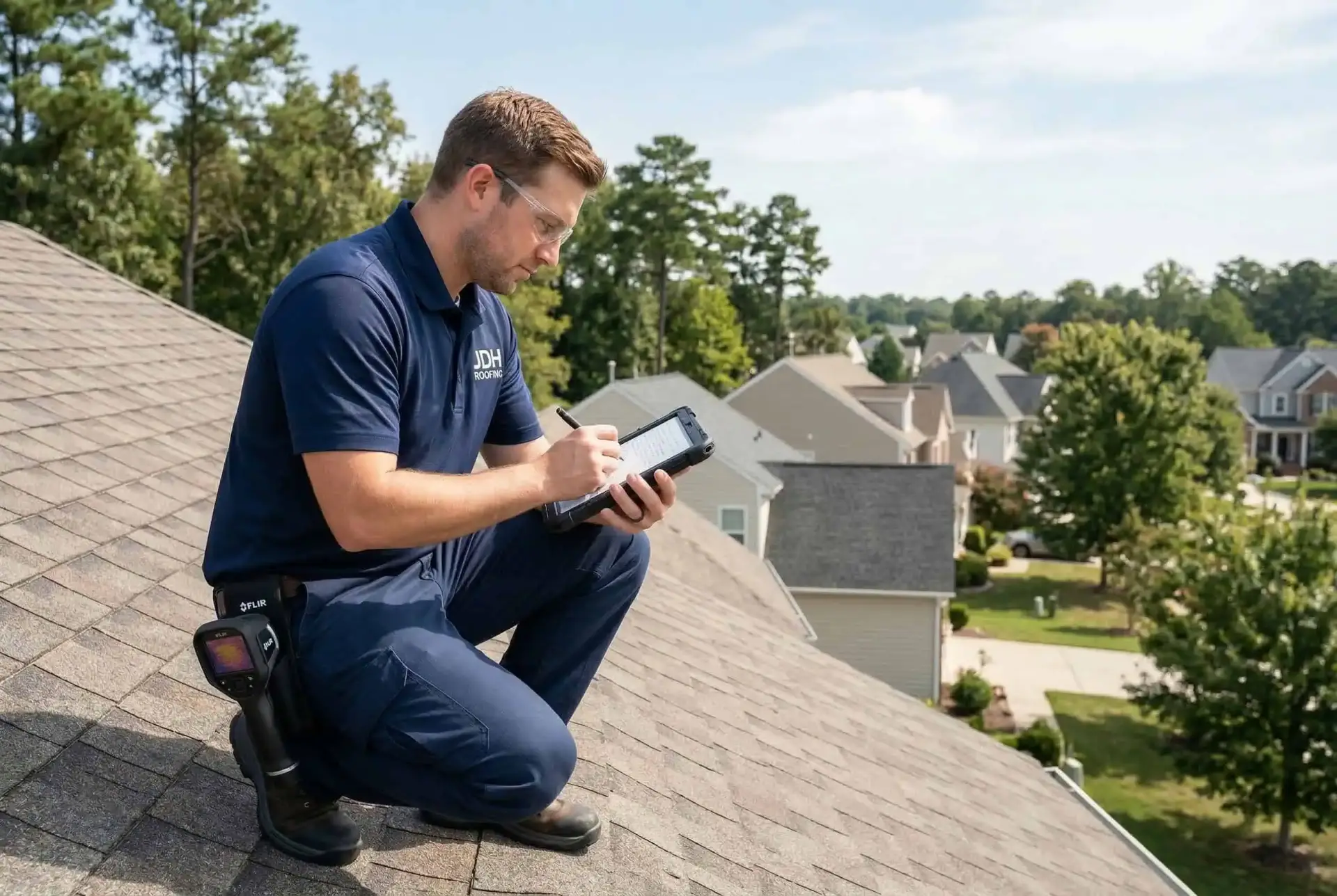 JDH HAAG Master Certified inspector physically walking and scoping a forensic roof inspection in Maryland