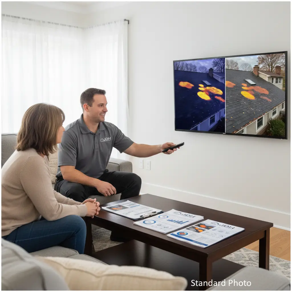 JDH Remodeling inspector reviewing forensic evidence package with Prince Frederick homeowner — photos, thermal maps, and damage assessment