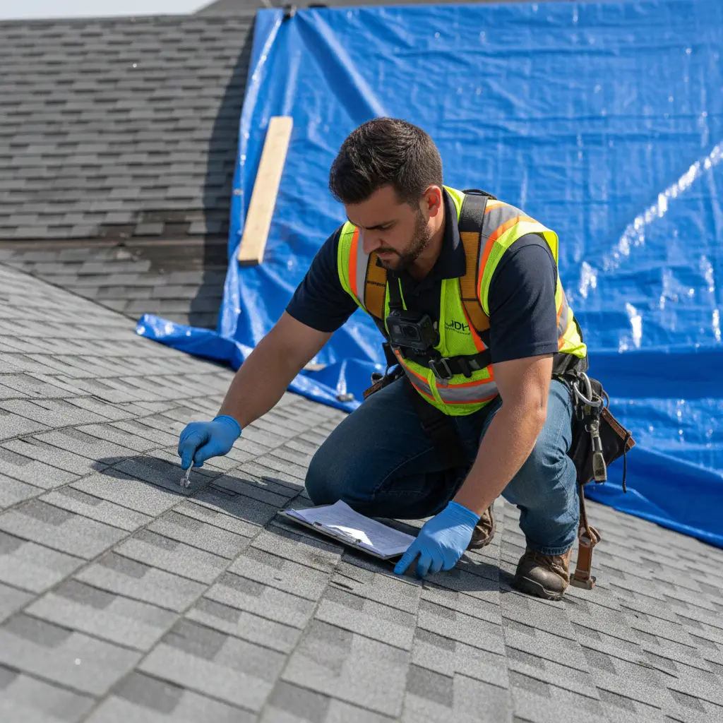 JDH HAAG Master Level inspector on a Prince Frederick roof documenting storm damage with GoPro camera during forensic inspection