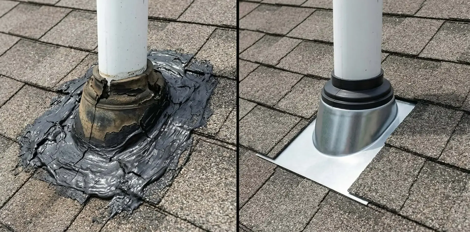 Before and after comparison of failed pipe boot flashing repair on JDH Maryland roof showing deteriorated cone replaced with new sealed installation