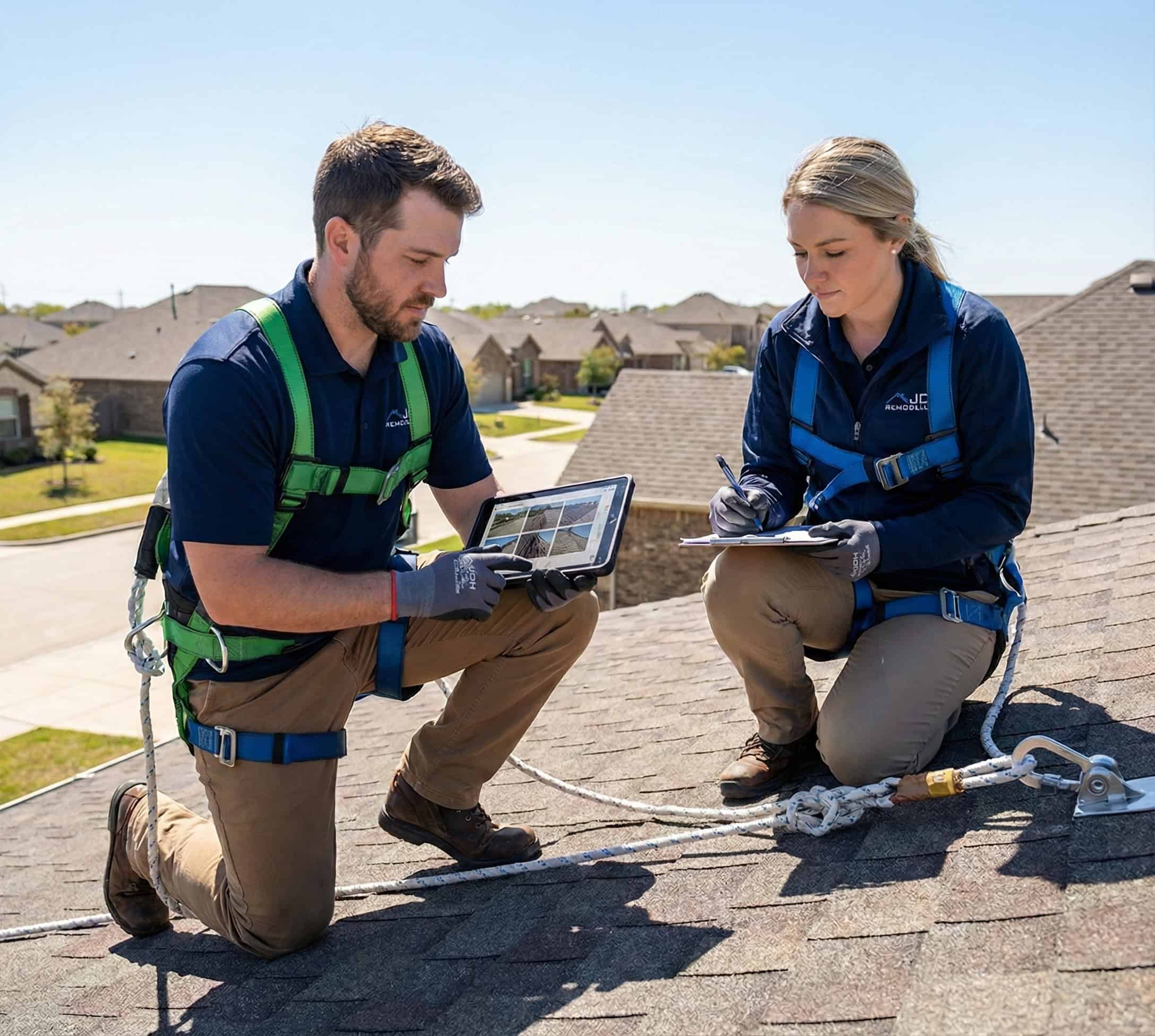 JDH forensic inspection team documenting findings on a residential roof with digital tablet and clipboard