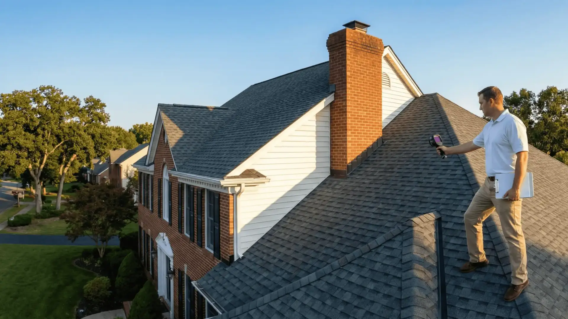JDH HAAG-certified inspector documenting missing step flashing and substituted materials on a six-month-old Maryland roof