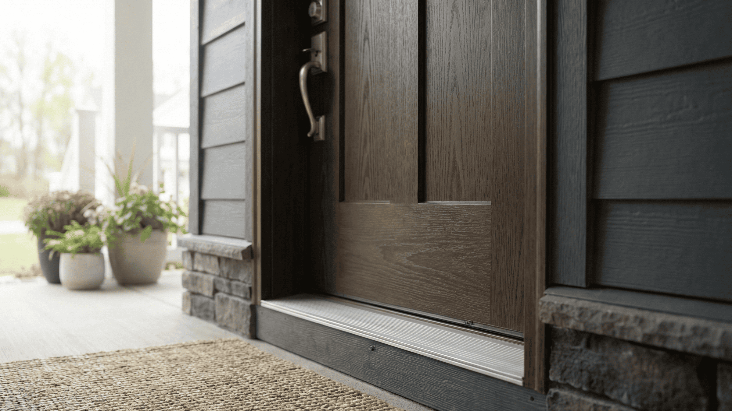 High-security Provia fiberglass entry door installation in a modern home