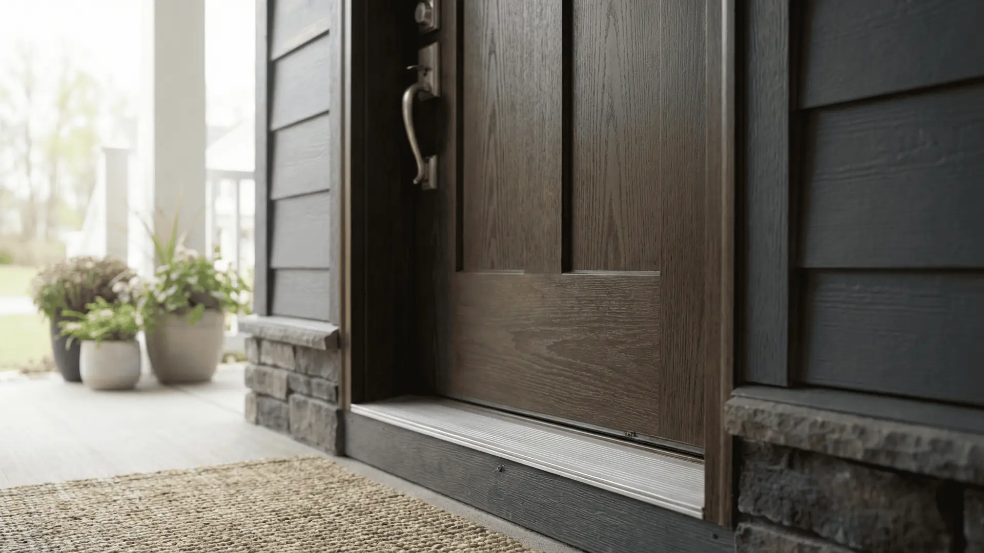 New ProVia fiberglass entry door with glass panels and stone accents installed by JDH Remodeling on a Maryland home, financed through a 12-month no-interest plan