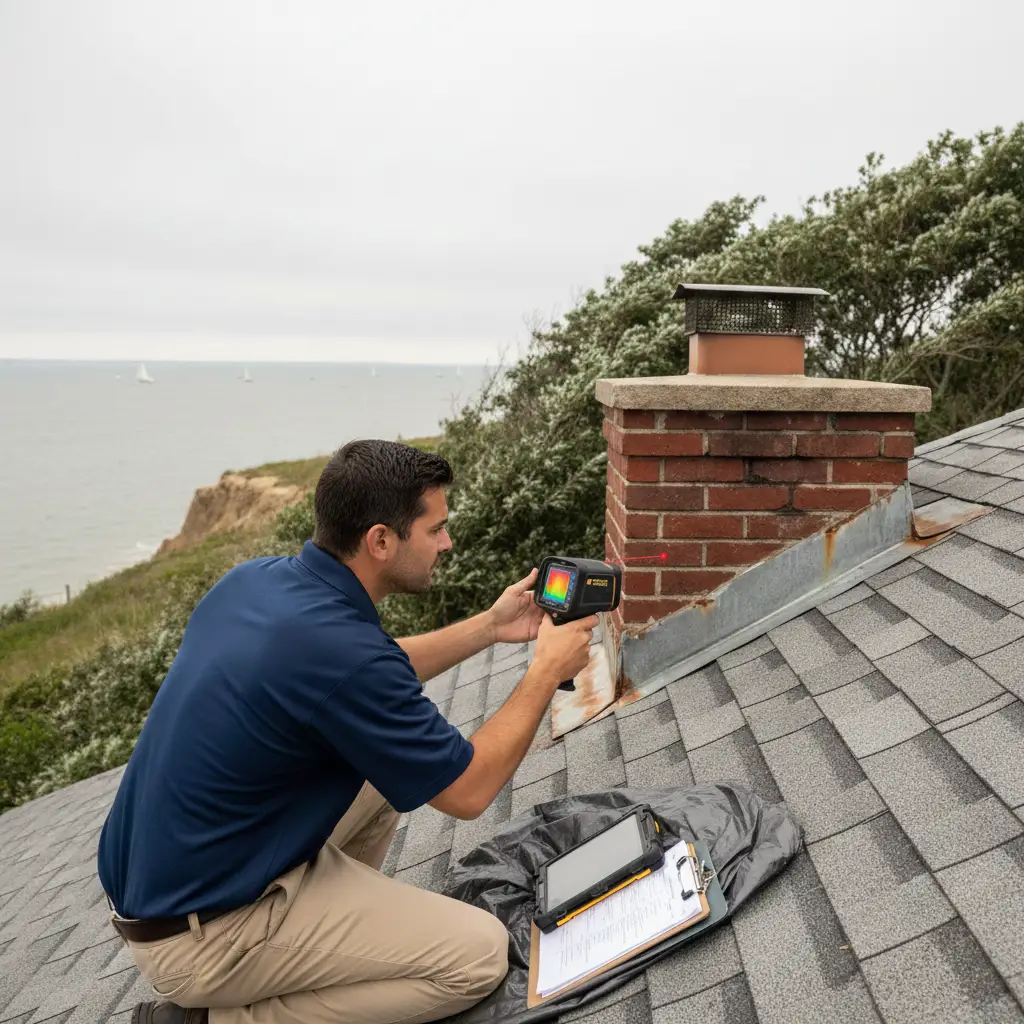 JDH Remodeling inspector using FLIR thermal imaging camera during a forensic roof inspection on a Chesapeake Beach MD home near the Bay