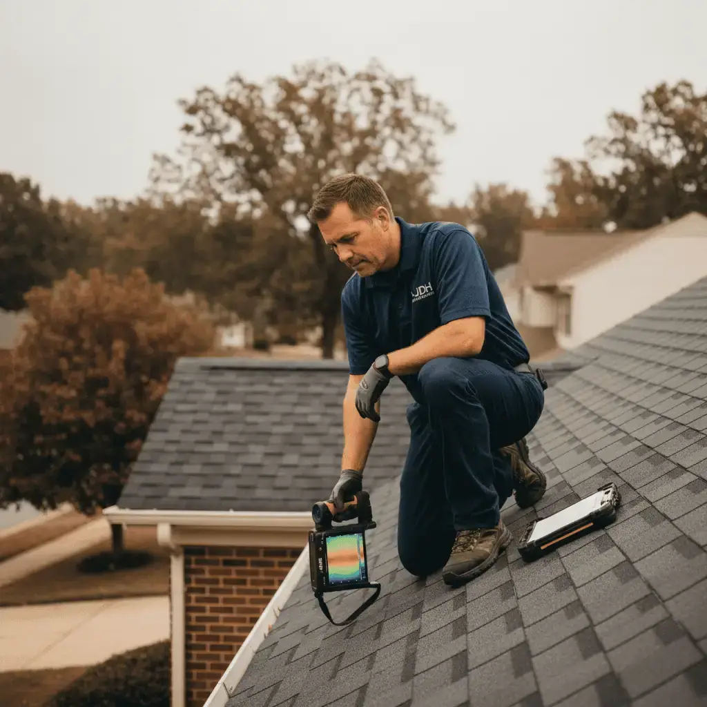 JDH Remodeling inspector using FLIR thermal imaging camera during a forensic roof inspection on a Prince Frederick MD home