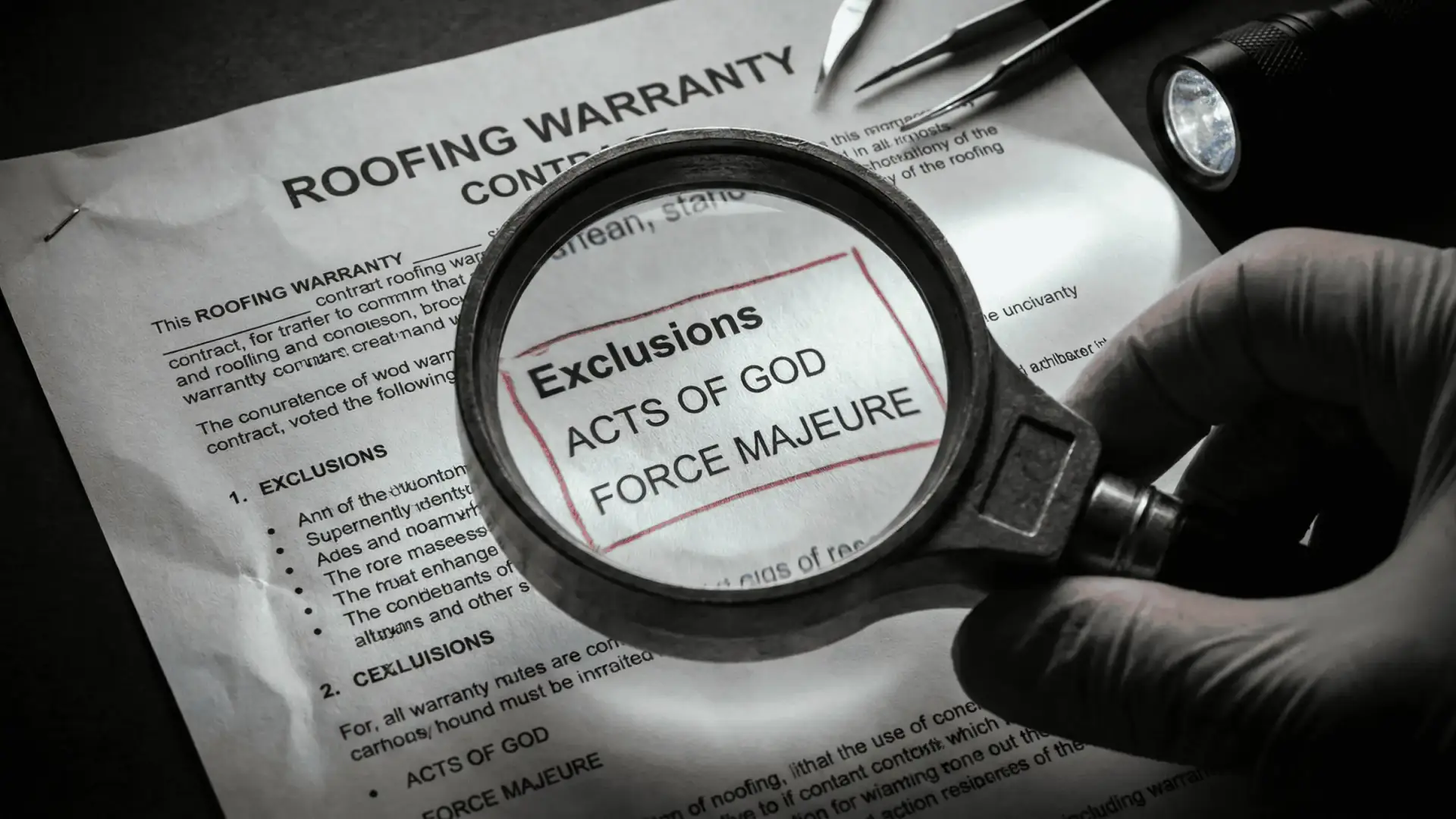 Infographic highlighting the five most common warranty loopholes in residential roofing contracts