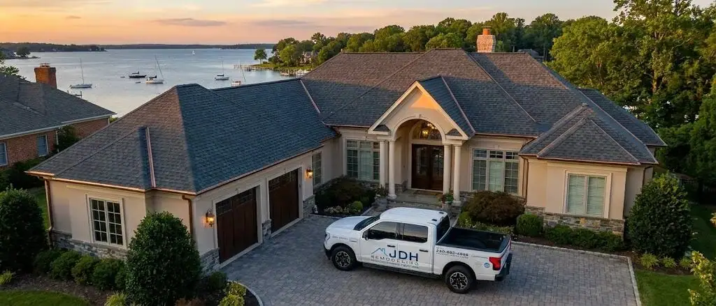 Luxury waterfront Maryland home with new asphalt shingle roof installed by JDH Remodeling