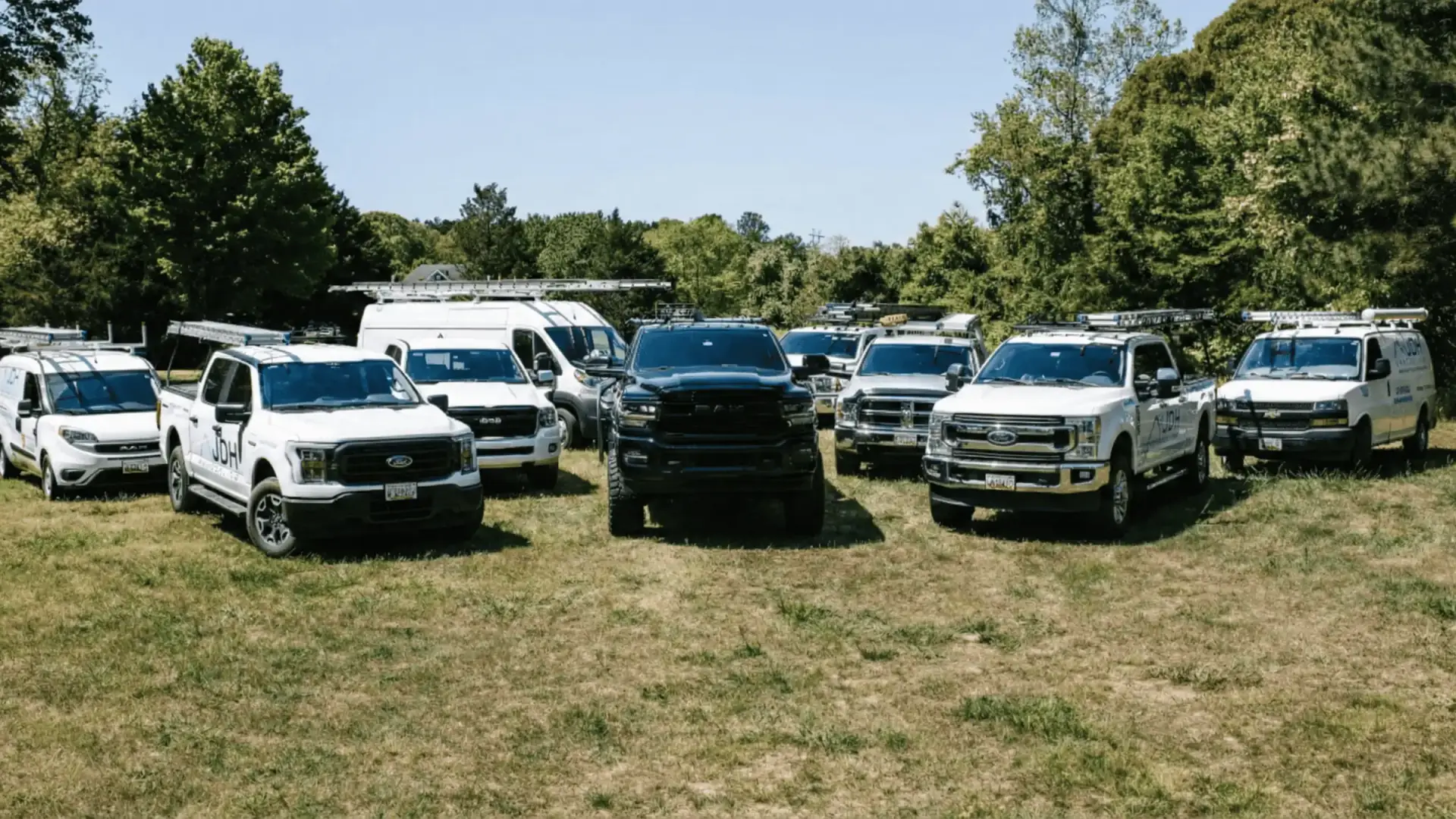 JDH Remodeling roofing fleet at St. Leonard headquarters, 15 minutes south of Prince Frederick Maryland