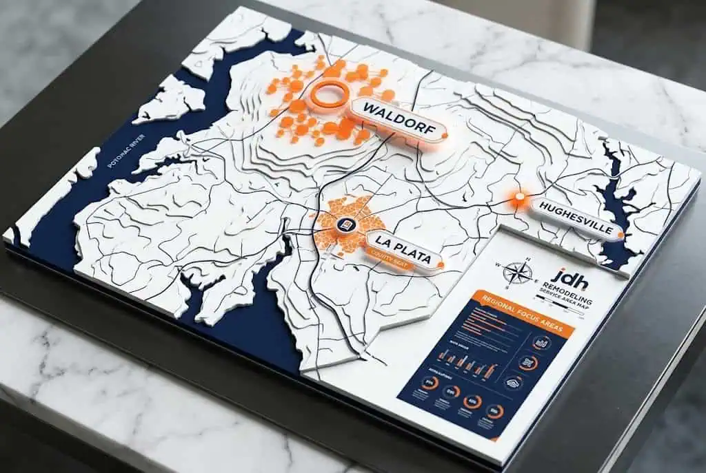 JDH Remodeling service area map covering Waldorf and Charles County Maryland roofing coverage zones